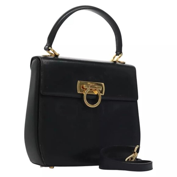 Salvatore Ferragamo Gancini Hand Bag Leather 2way Black
